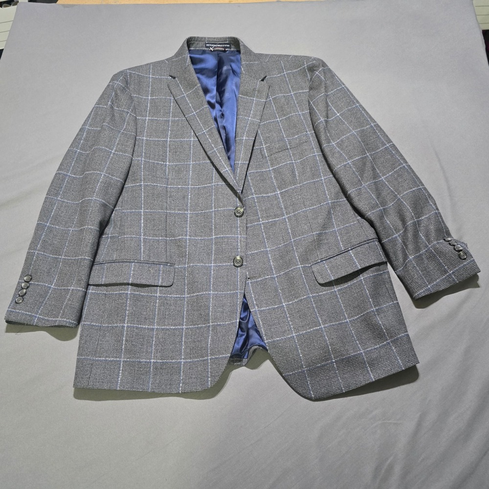 Tommy Hilfiger Blazer Mens 46R Grey Windowpane Plaid Wool Blend 2-Button Jacket